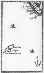Mapa de Lilliput y Blefuscu, de la primera edición de «Los viajes de Gulliver» de Jonathan Swift, 1726
